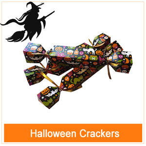 Halloween Crackers filled with treats, puzzles and paper hats