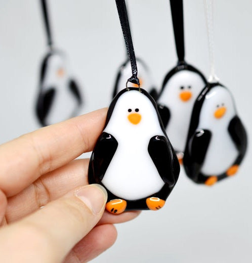 Fused Glass Penguin Christmas Tree ornaments.