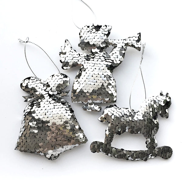 Sequin Christmas Tree Ornaments - Bell, Angel, Rocking Horse - Silver