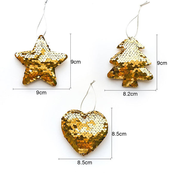 Sequin Christmas Tree Ornaments - Tree, Star, Heart - Measurements