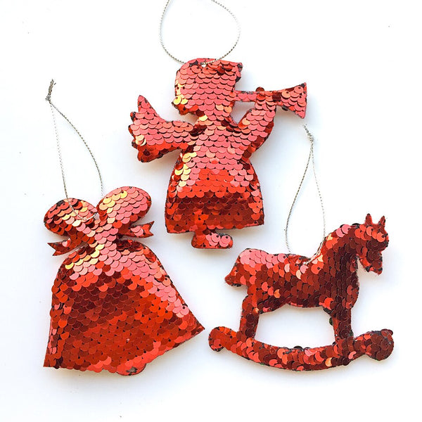 Sequin Christmas Tree Ornaments - Bell, Angel, Rocking Horse - Red