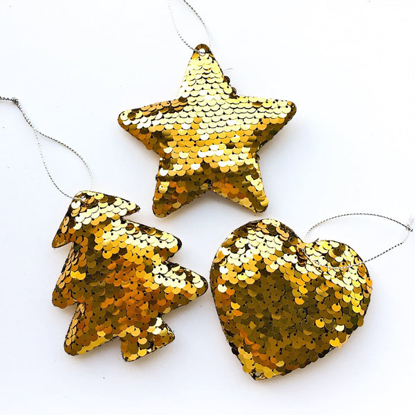 Sequin Christmas Tree Ornaments - Tree, Star, Heart - Gold