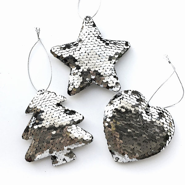 Sequin Christmas Tree Ornaments - Tree, Star, Heart - Silver