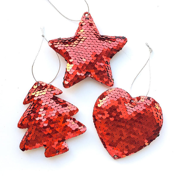 Sequin Christmas Tree Ornaments - Tree, Star, Heart - Red