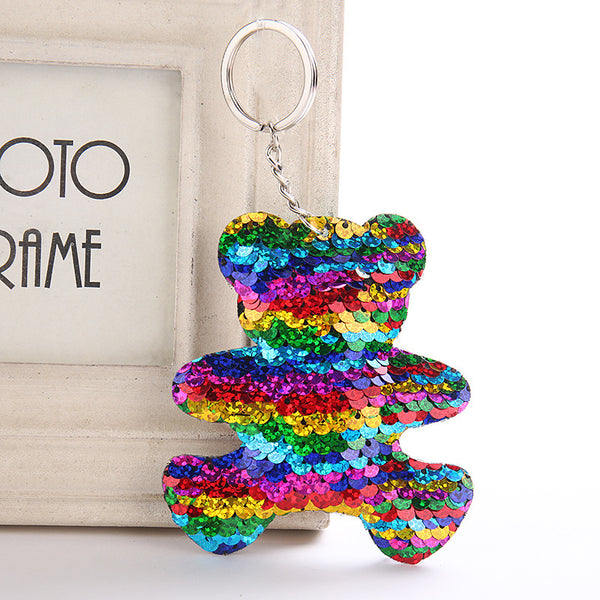 Sequin Teddy Bear Key Chain - Rainbow