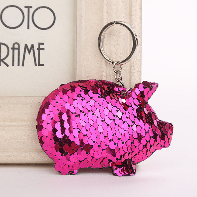 Sequin Pig Key Chain - Dark Pink