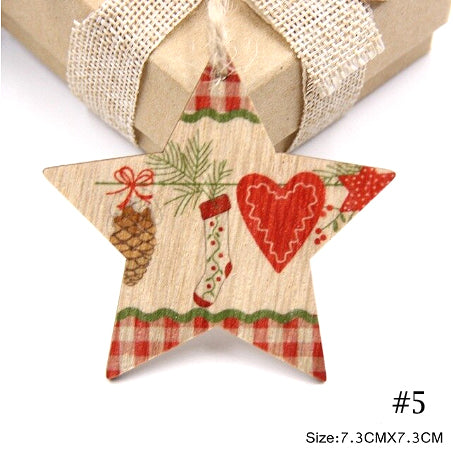 Wood Christmas Tree Ornament - Gingham Star with Stocking, Pine cone & Heart