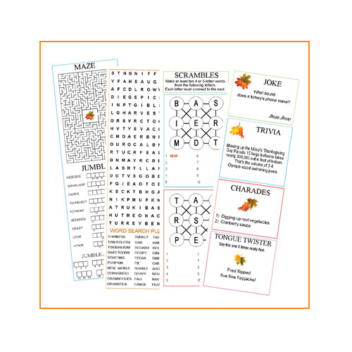 Thanksgiving Cracker Activity Sheets with jokes, puzzles and games